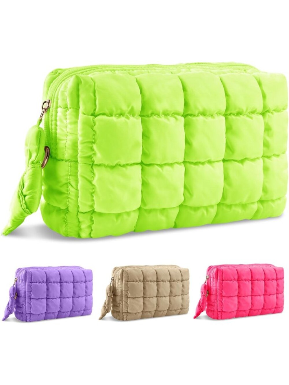 Quilted Puffer Makeup Bag | Cute Checkered Travel Toiletry Pouch for Women